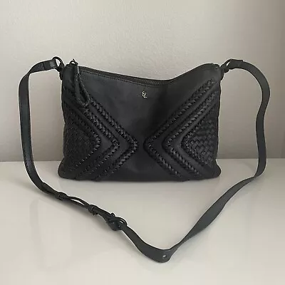 Elliott Lucca Mari Black Pebbled Leather Woven Trim Purse Shoulder Bag Crossbody • $32