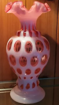 Fenton Vintage Cranberry Pink Opalescent Coin Dot Glass Ruffled Edge Vase  • $84.88