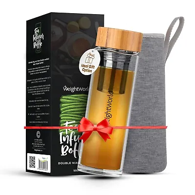Tea Infuser Water Bottle 500ml Leakproof Glass With Bamboo Lid & Stainless Steel • £11.99