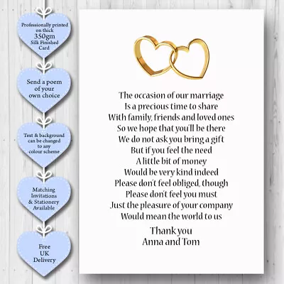 10 Personalised Wedding Honeymoon Gift Money Poem Cards Honeymoon Wish Inserts • £2.50