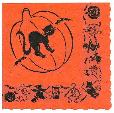 Vintage Crepe/Paper Halloween Napkin ~ Black Cat Pumpkin Ghost Witch Owl  • $6