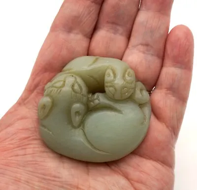 Vintage Mutton Fat Jade Sculpted Figurine Mother Cat & Kitten Curled Up Sleeping • $169