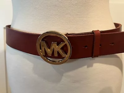 Michael Kors MK Womens Brown Medium Leather Belt Gold Round Buckle • $18.99