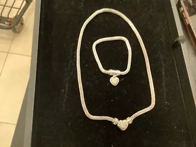 Silver Tone Mesh Heart Shaped Pendant Necklace/Bracelet Set Rhinestones • $12