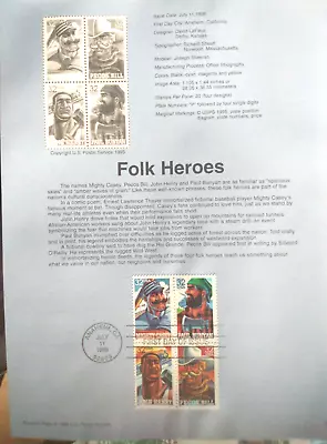 FOLK HEROES MIGHTY CASEY PAUL BUNYAN PECOS BI #3083-6 1996 USPS FD Souvenir Page • $2.75