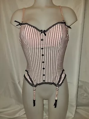 BNWOT Gorgeous Pink Black Underwired Boned Corset Basque Top Suspenders 34A • £12.99