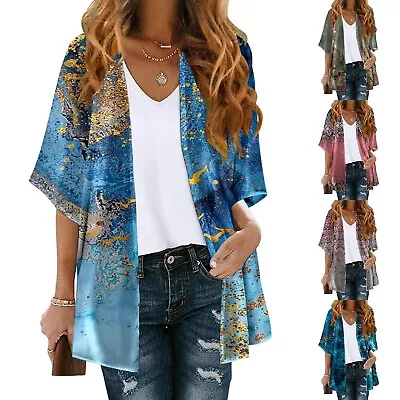 Women Floral Print Kimono Cardigan Loose Cover Up Fashion Three Quarter Sleeve • $23.47