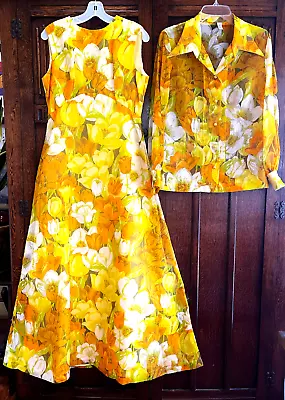 60s Vintage Bold Floral Maxi Dress W/Matching Jacket 2 Piece Set Sz 14 Empire • $139