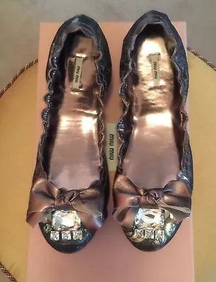 Miu Miu Jacquard Crystal Embellished Bow Ballerina Flats Size 37.5 • $255