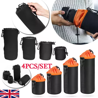 4x Camera Lens Pouch Bag Waterproof Soft Neoprene Drawstring Protector Case Set • £9.49