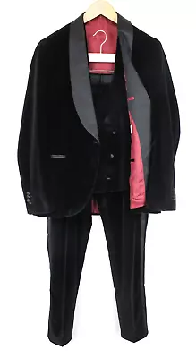 SUITSUPPLY La Spalla Men Suit UK42R Black Velvet Tuxedo 3-Piece Formal Cotton • $505.26