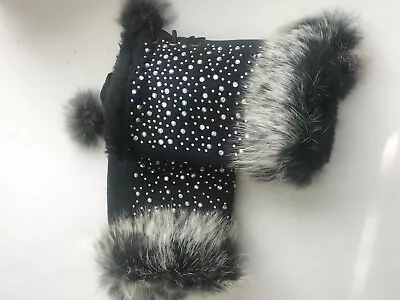 Black Rabbit Fur And Irridescent Crystal Glitter Gloves • $18