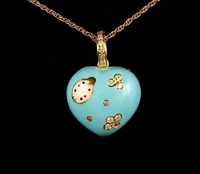 Aaron Basha Signed Diamond 18k Gold Puffy Ladybug Turquoise Heart Charm Pendant • $1650