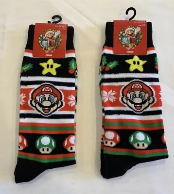 Nintendo Super Mario Christmas Holiday Men's 10-13 Crew Socks Lot Of 2 Pair NEW • $9.98