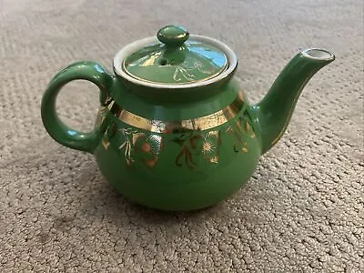 Vintage Mid Century 1940s HALL Teapot #082 Green W/ Gold Dogwood Trim 6 Cup • $19.99