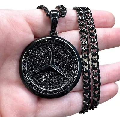 Iced CZ Mercedes Benz Necklace Black Plated Stainless Steel Hip Hop Jewelry Men • $45