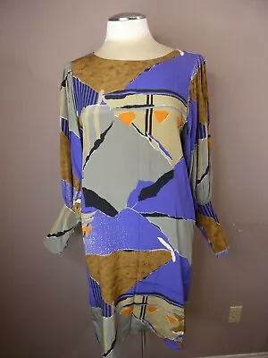 VTG 80s Argenti Women's 6 Pure Silk Dress Geometric Multicolor Long Sleeve • $29.99