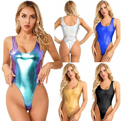 UK Sexy Women Shiny Swimwear Wet Look High Cut Bodysuit Thongs Leotard Swimsuit • £10.39