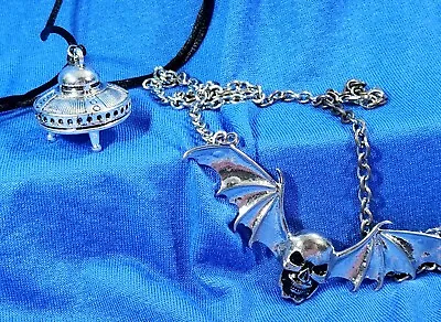 Skull With Bat Wings Chain Necklace And UFO With Black Cord Necklace • $14.99