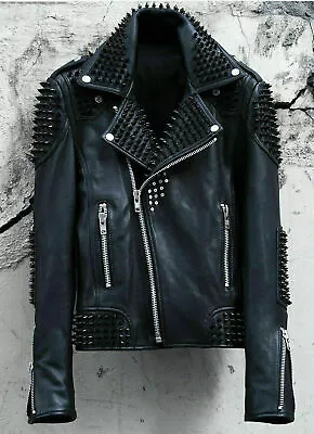 Men Full Punk Black Metal Spiked Studded Real Leather Biker Jacket With Pockets • $179.10