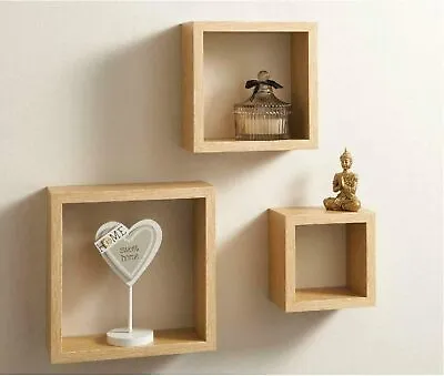 Set Of 3 Wooden Floating Cube Shelves Wall Mount Disply Square Box Storage Shelf • £13.99