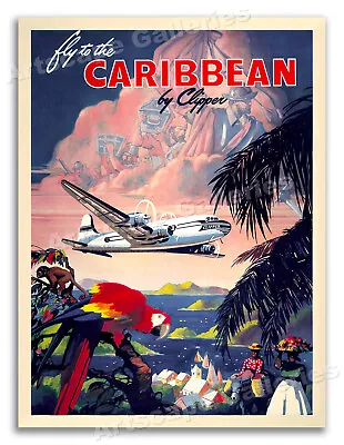 1940s Fly To The Caribbean Vintage Style Tropical Travel Poster - 18x24 • $13.95