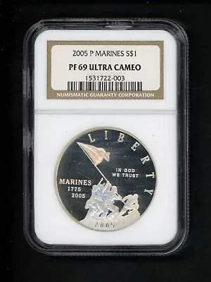 2005 P US Silver Marines Dollar $1 NGC PF 69 Ultra Cameo Proof Iwo Jima Semper F • $67.99