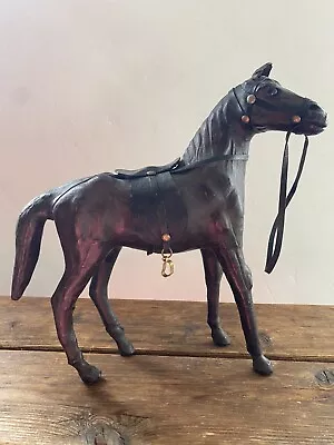 Vintage Leather Horse Statue Sculpture Figure Glass Eyes W/ Saddle Reins 11” • $39