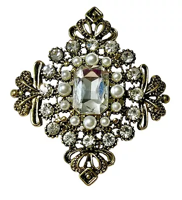 Vintage Maltese Cross Rhinestone Faux Pearls Brooch Pin Pendant Gold Tone • $38