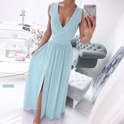 Women's High Split Ball Gown Bridesmaid Dress Chiffon V Neck Evening Party Dress • £25.19