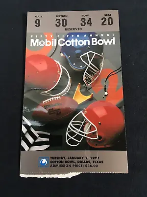 55th Annual Mobile Cotton Bowl College Football January 1 1991 Ticket Stub • $11.96