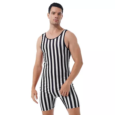 US Mens Striped Jumpsuit Sleeveless Stretchy Athletic Leotard Wrestling Singlet  • $9.83