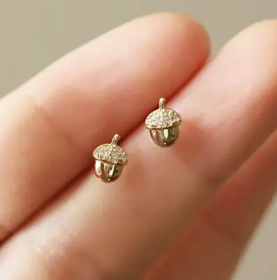 Sweet Tiny Acorn Design In Real 10K Yellow Gold Women's Stud Earring • $290