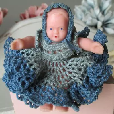 ~ Vintage Dollhouse Doll Baby In Crochet Outfit 2  Sitting ~ Miniature Doll • $9.99