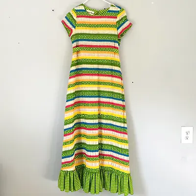 Albert Nipon Maxi Dress Size XS / S Vintage 70s Stripe Green Polka Dot Ruffle • $99