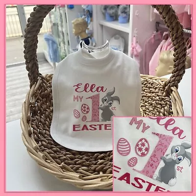 Personalised Baby Girls 1st Easter Bib Easter Bunnie Pink First Easter  BIb 2024 • £5.99