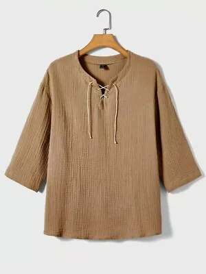 Men Lace Up Front Shirt 3/4 Length Sleeves Drop Shoulder UK Size XXL (44) Camel • £12.95