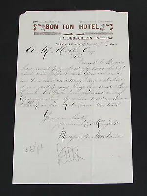 #221 - Scarce 1894 MARYSVILLE MONTANA / BON TON HOTEL Letterhead BEUSCHLEIN • $10.50