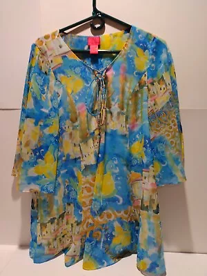 V Cristina Sheer Boho Tassel Top LG Blues/yellows Flowy Lined. Long • $9.99