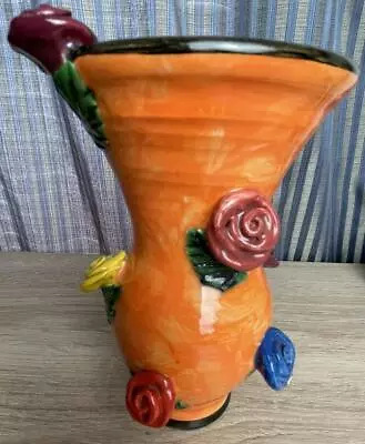 Fine 7  Vtg Mary Rose Young Vase Vibrant Orange Vase With Multi Colored Flowers • $150