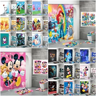 3D Cartoon Bathroom Set Shower Curtain Non-Slip Bath Mat Toilet Lid Cover 4pcs • $18.29