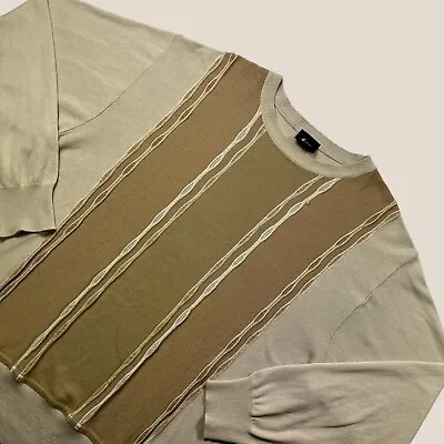 Gabicci Jumper Mens Large Beige Textured Stripes Grandad Sweater Acrylic Cotton • £14.99