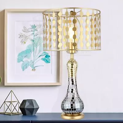 Glam Boho Silver & Gold Table Lamp Mirrored Mosaic Tiles Base Open Cage Shade • $138.60