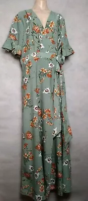 Shein Maxi Dress Womens Size 2 XL Green Bell Sleeve V Neck Floral Wrap Fit Flare • $25