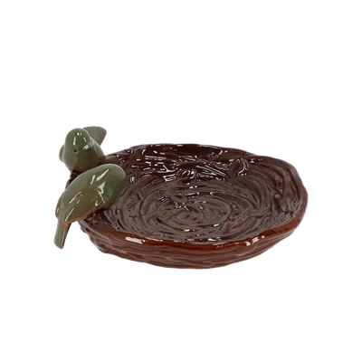 £22.48 • Buy Ceramic Nest Shaped Bird Bath Brown Water Bowl W/small Birds