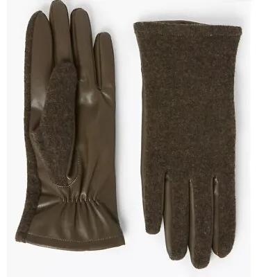 Marks & Spencer M&s Womens Chocolate Brown Wool/faux Leather Gloves £19.50 S M L • £8.99