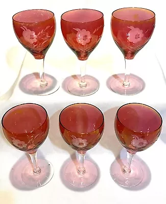 Vintage 6  Ruby Red Cut To Clear Floral Etched Glasses 5 5/8” Tall • $32.99