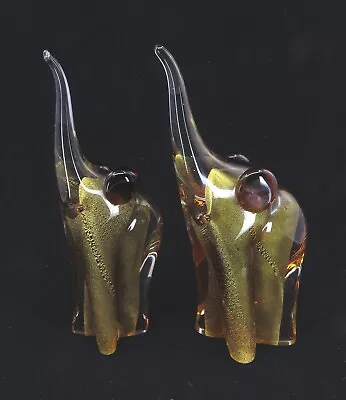 Pair Of Zane Murano Glass Elephants W. 24-Karat Gold Flecks 8.5  T & 8.75  T • $451.77