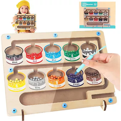 Magnetic Colour Number MazeWooden Magnet Board Puzzles Toy W/Pen For Toddler • £9.96