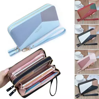 Women Double Zip Leather Wallet Long Purse Card Phone Holder Case Bag Handbag • £6.99